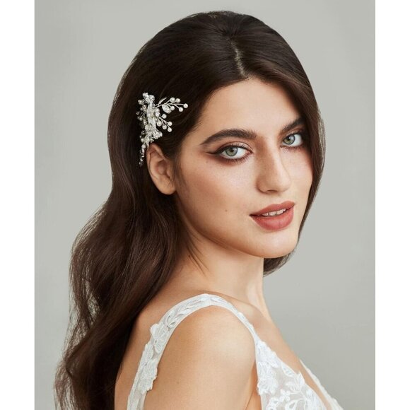 ?Women Silver Handmade with Crystals Pearls and Leaves Hair Comb Accessories main image 5